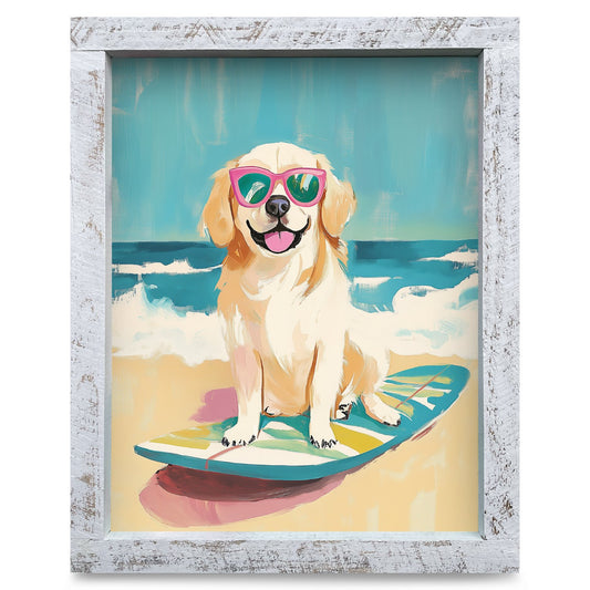 Surfing Golden Pup | Real Wood Framed Wall Art Print