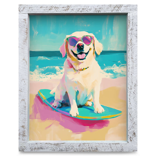 Surfs Up Golden Retriever | Real Wood Framed Wall Art Print