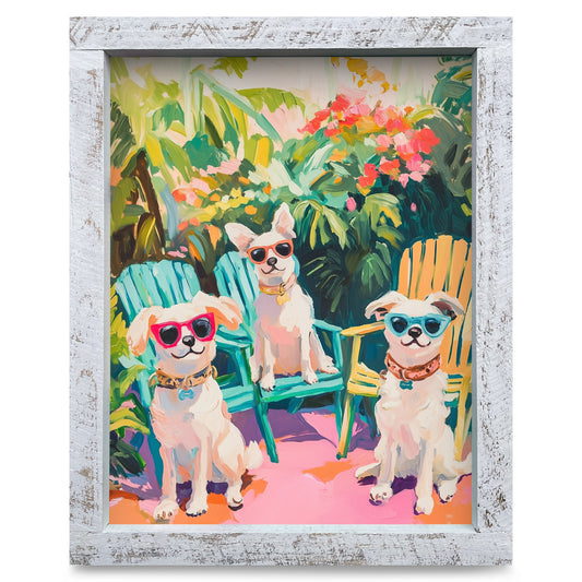 Tropical Patio Pups | Real Wood Framed Wall Art Print