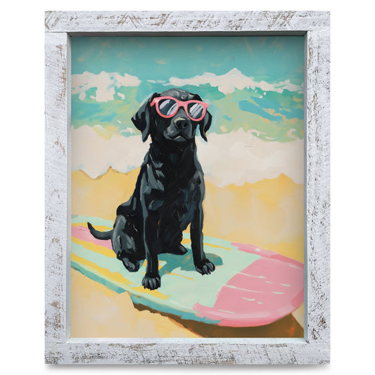 Black Lab Beach Day | Real Wood Framed Wall Art Print