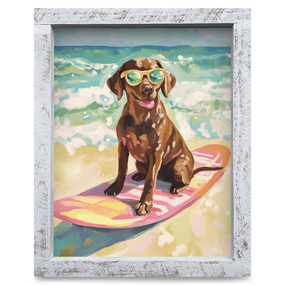 Surfing Chocolate Lab | Real Wood Framed Wall Art Print