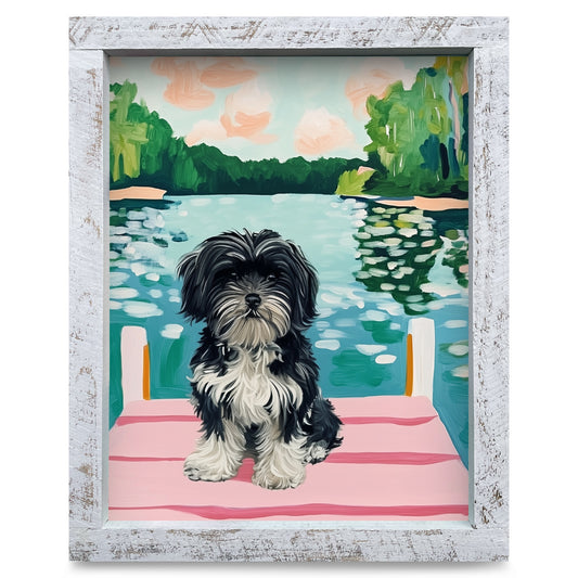 Cute Havanese On Dock | Real Wood Framed Wall Art Print