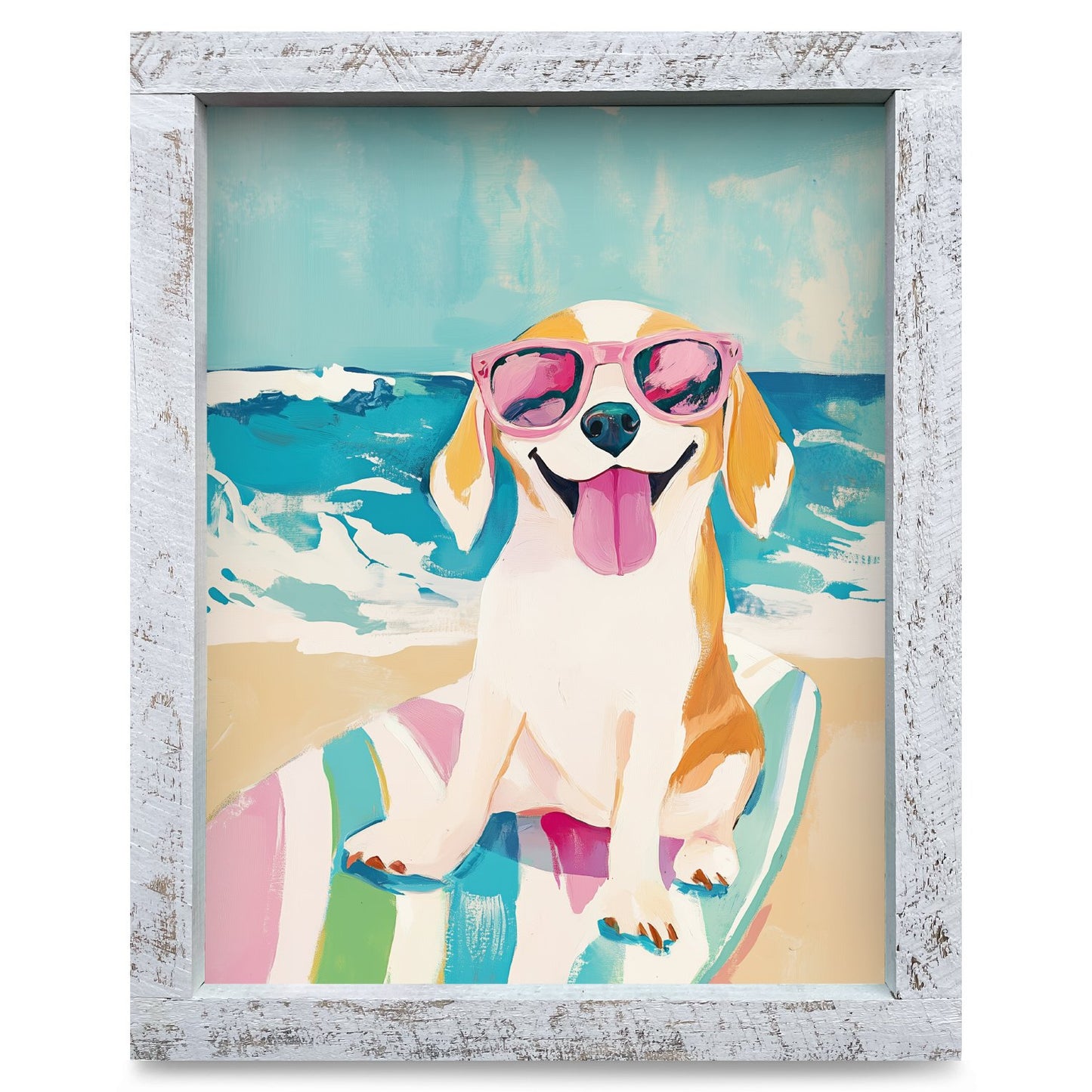 Happy Beach Beagle | Real Wood Framed Wall Art Print