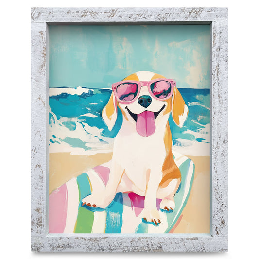 Happy Beach Beagle | Real Wood Framed Wall Art Print