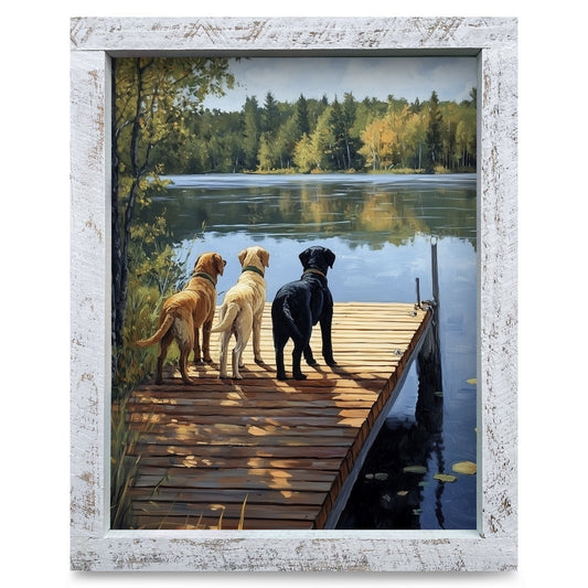 Labs On The Lake Dock | Real Wood Framed Wall Art Print