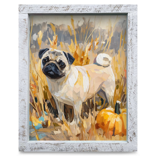 Pumpkin Patch Pug | Real Wood Framed Wall Art Print