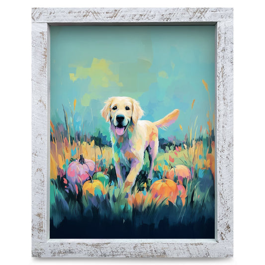 Golden Retriever Pumpkin Meadow | Real Wood Framed Wall Art Print