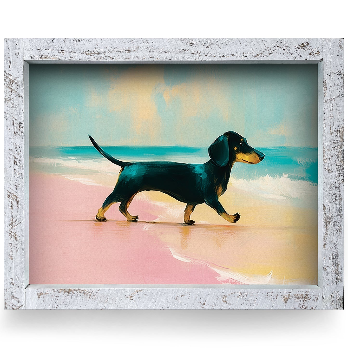 Dachshund Stroll Pastel Beach | Real Wood Framed Wall Art Print | Horizontal