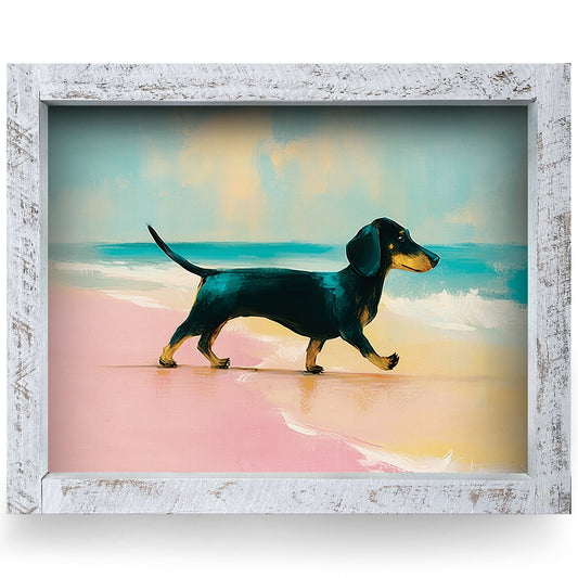 Dachshund Stroll Pastel Beach | Real Wood Framed Wall Art Print | Horizontal