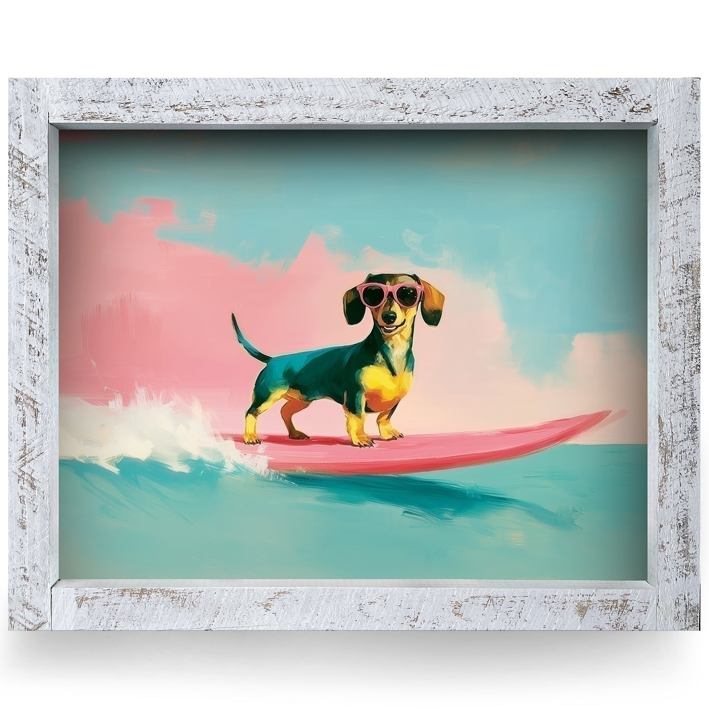 Pastel Surfing Dachshund | Real Wood Framed Wall Art Print | Horizontal