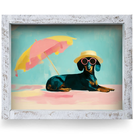 Sunbathing Dachshund | Real Wood Framed Wall Art Print | Horizontal