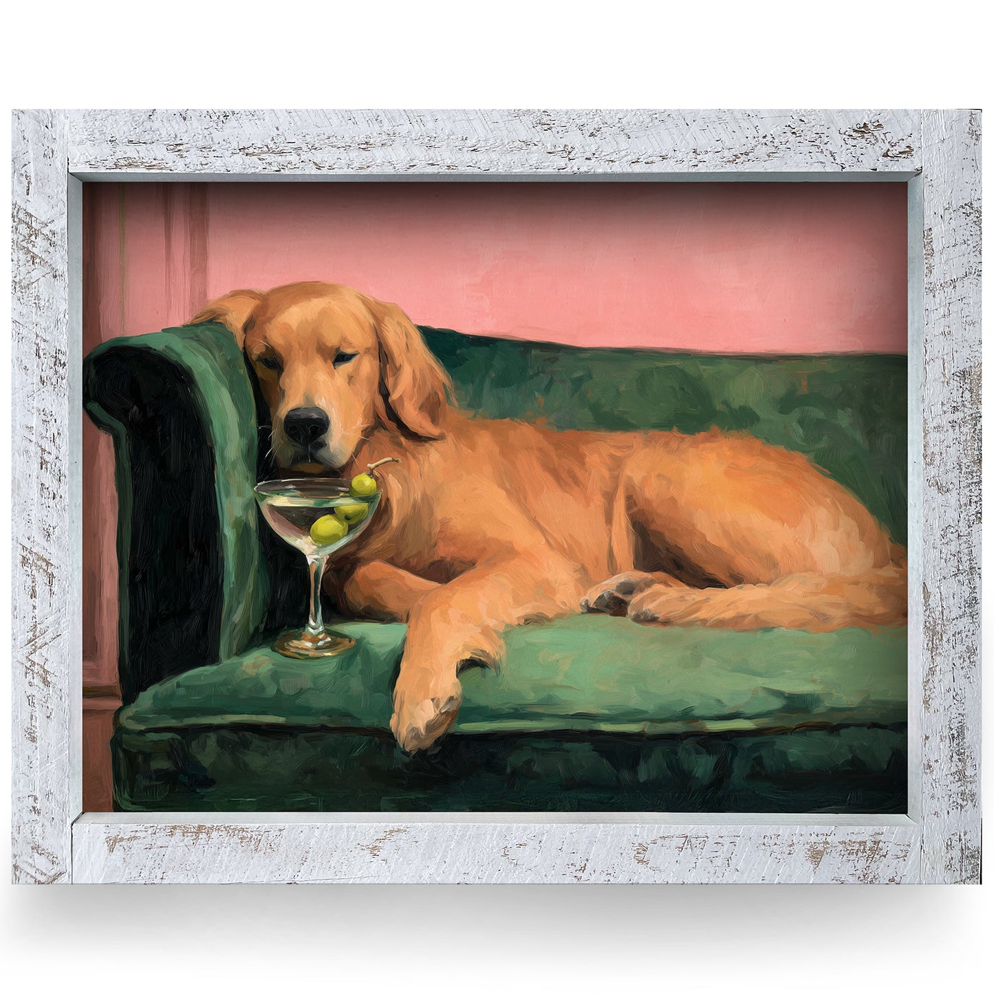Golden Retriever & Gin Martini | Real Wood Framed Wall Art Print | Horizontal