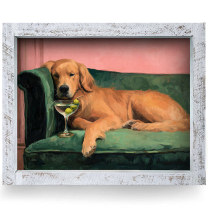 Golden Retriever & Gin Martini | Real Wood Framed Wall Art Print | Horizontal