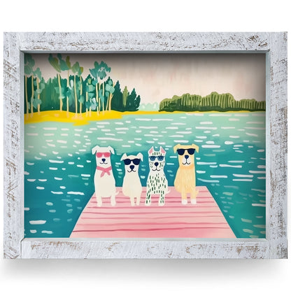 Cool Lake Dogs | Real Wood Framed Wall Art Print | Horizontal