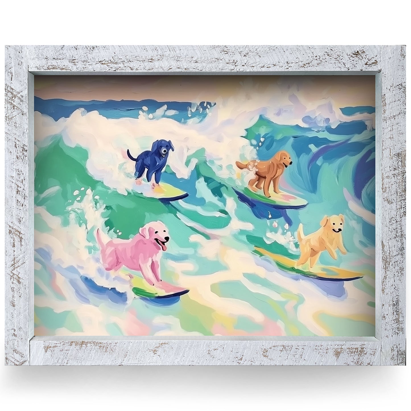 Surfing Dogs | Real Wood Framed Wall Art Print | Horizontal