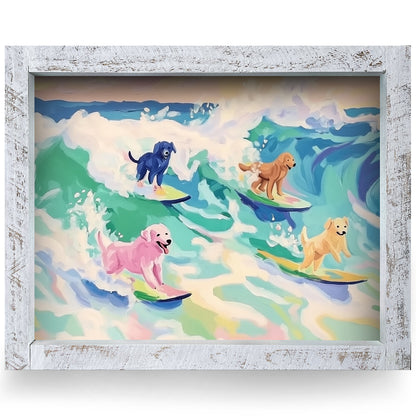Surfing Dogs | Real Wood Framed Wall Art Print | Horizontal