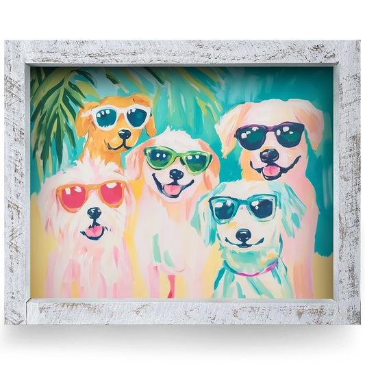 Sunny Dog Squad | Real Wood Framed Wall Art Print | Horizontal