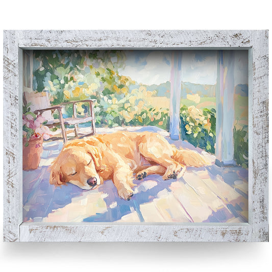 Golden Porch Nap | Real Wood Framed Wall Art Print | Horizontal