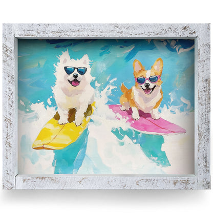 Cute Surfing Pups | Real Wood Framed Wall Art Print | Horizontal