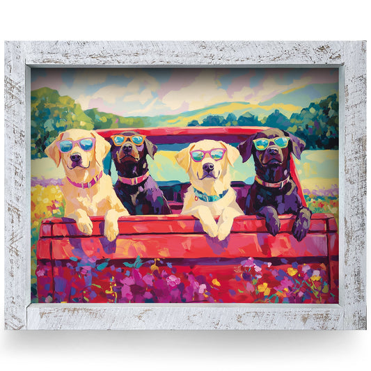 Cool Dogs Red Truck | Real Wood Framed Wall Art Print | Horizontal