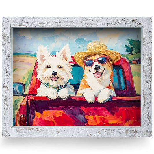 Puppy Pals Red Truck | Real Wood Framed Wall Art Print | Horizontal