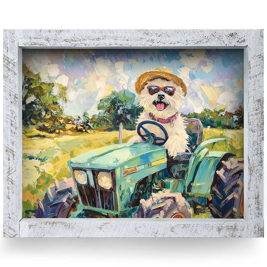 Happy Tractor Dog | Real Wood Framed Wall Art Print | Horizontal