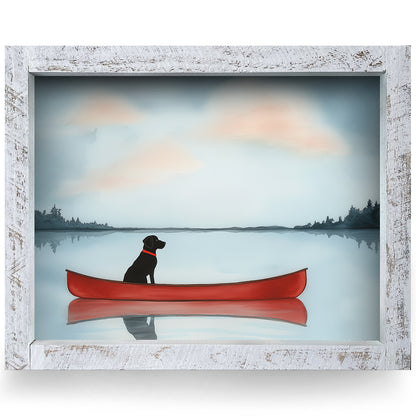 Red Canoe, Still Water, Loyal Friend Watercolor | Real Wood Framed Wall Art Print | Horizontal