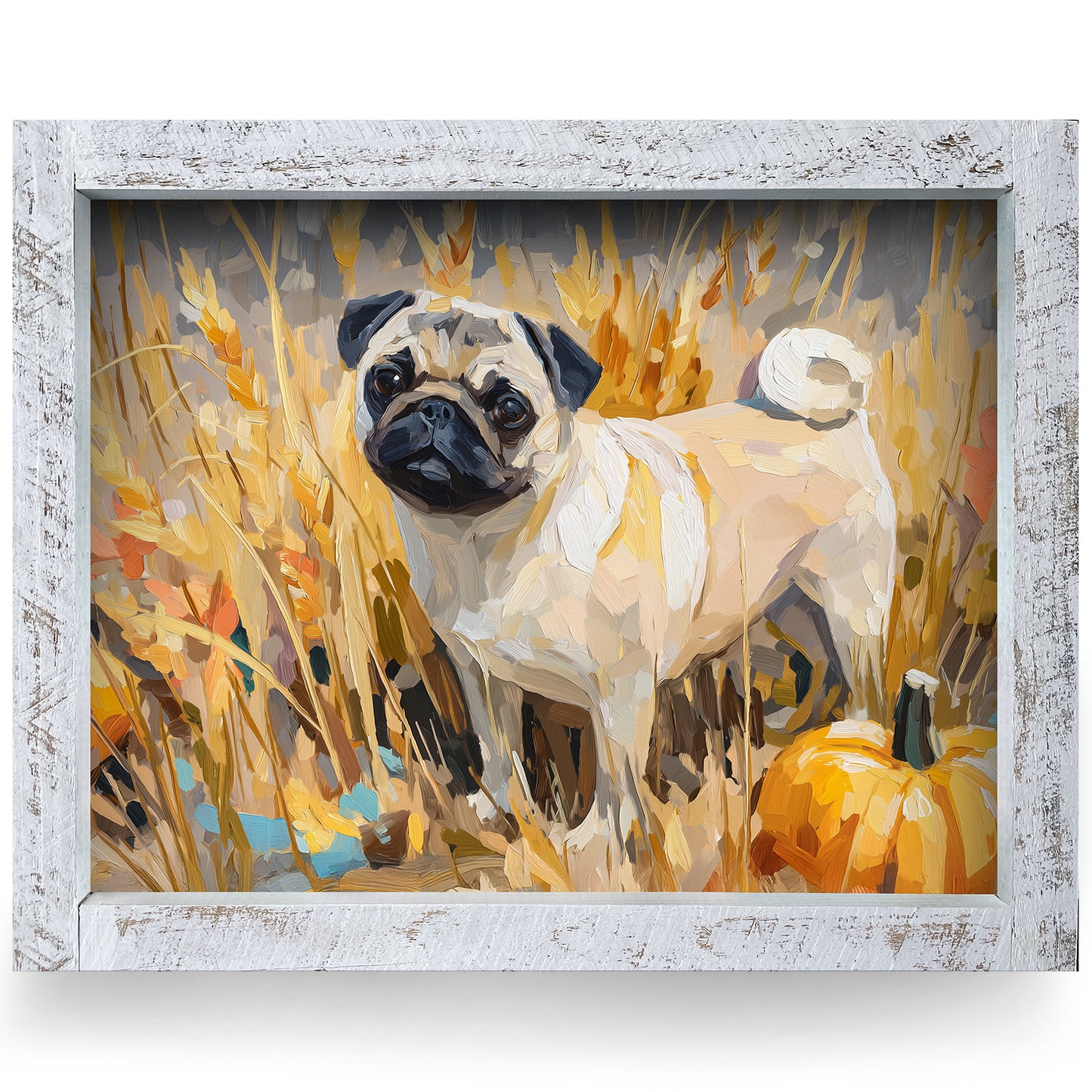 Pumpkin Pug | Real Wood Framed Wall Art Print | Horizontal
