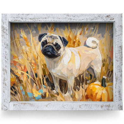 Pumpkin Pug | Real Wood Framed Wall Art Print | Horizontal