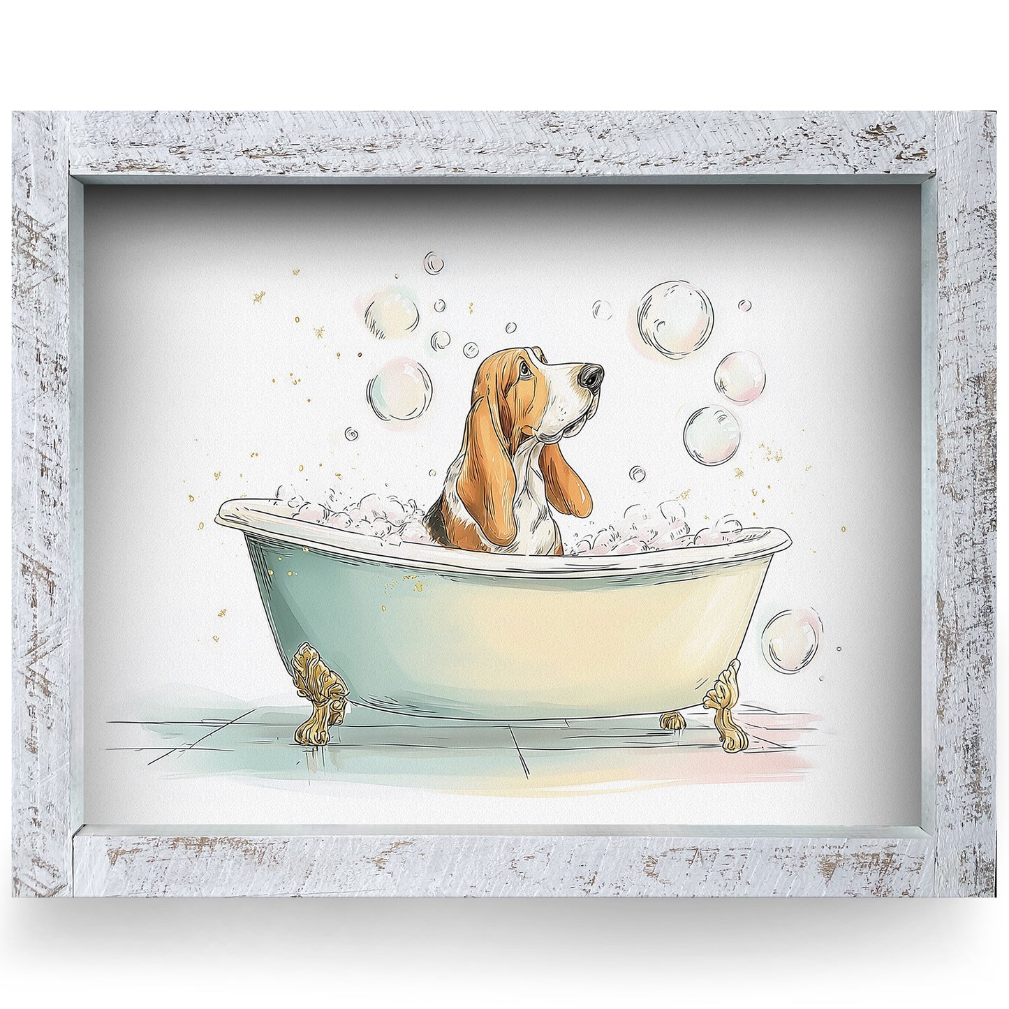 Basset Hound Bubble Bath | Real Wood Framed Wall Art Print | Horizontal