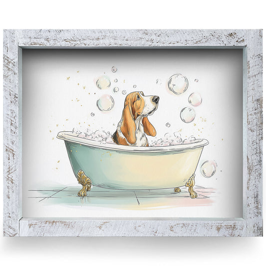 Basset Hound Bubble Bath | Real Wood Framed Wall Art Print | Horizontal