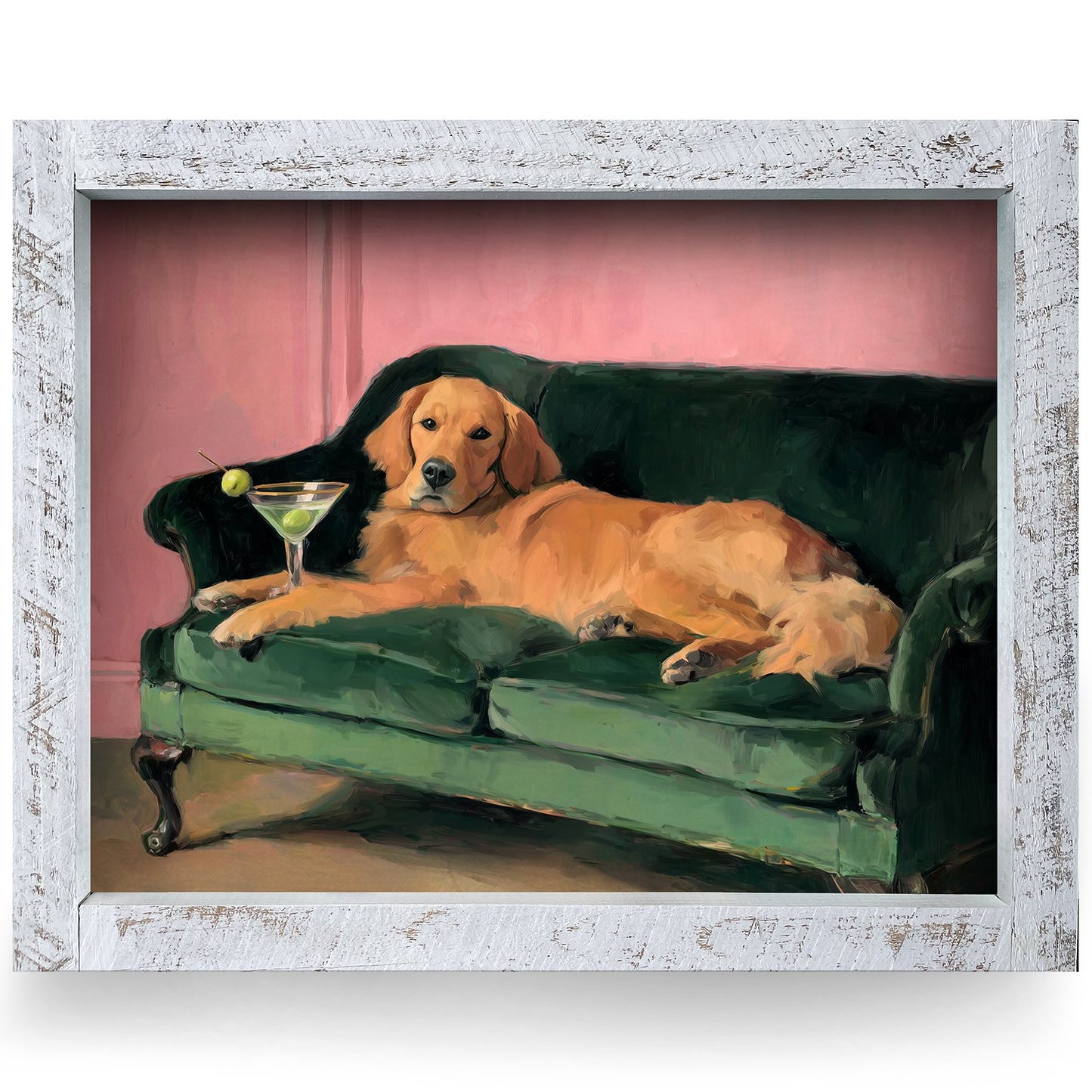 Martini Golden Retriever | Real Wood Framed Wall Art Print