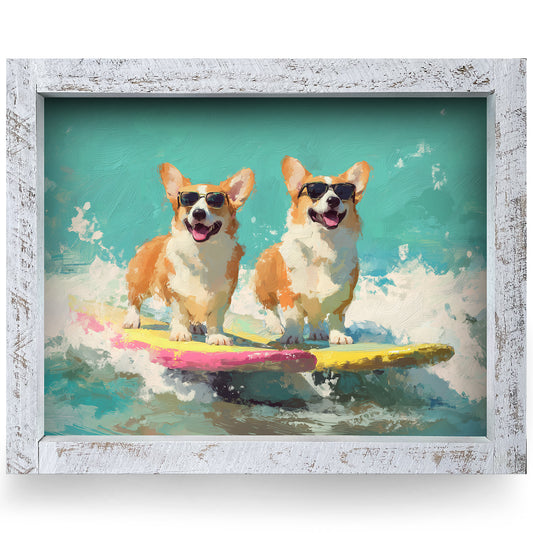 Surfing Corgis | Real Wood Framed Wall Art Print