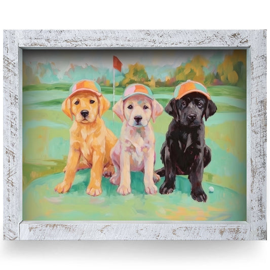 Golf Course Lab Puppies | Real Wood Framed Wall Art Print