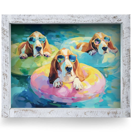Pool Party Bassets | Real Wood Framed Wall Art Print