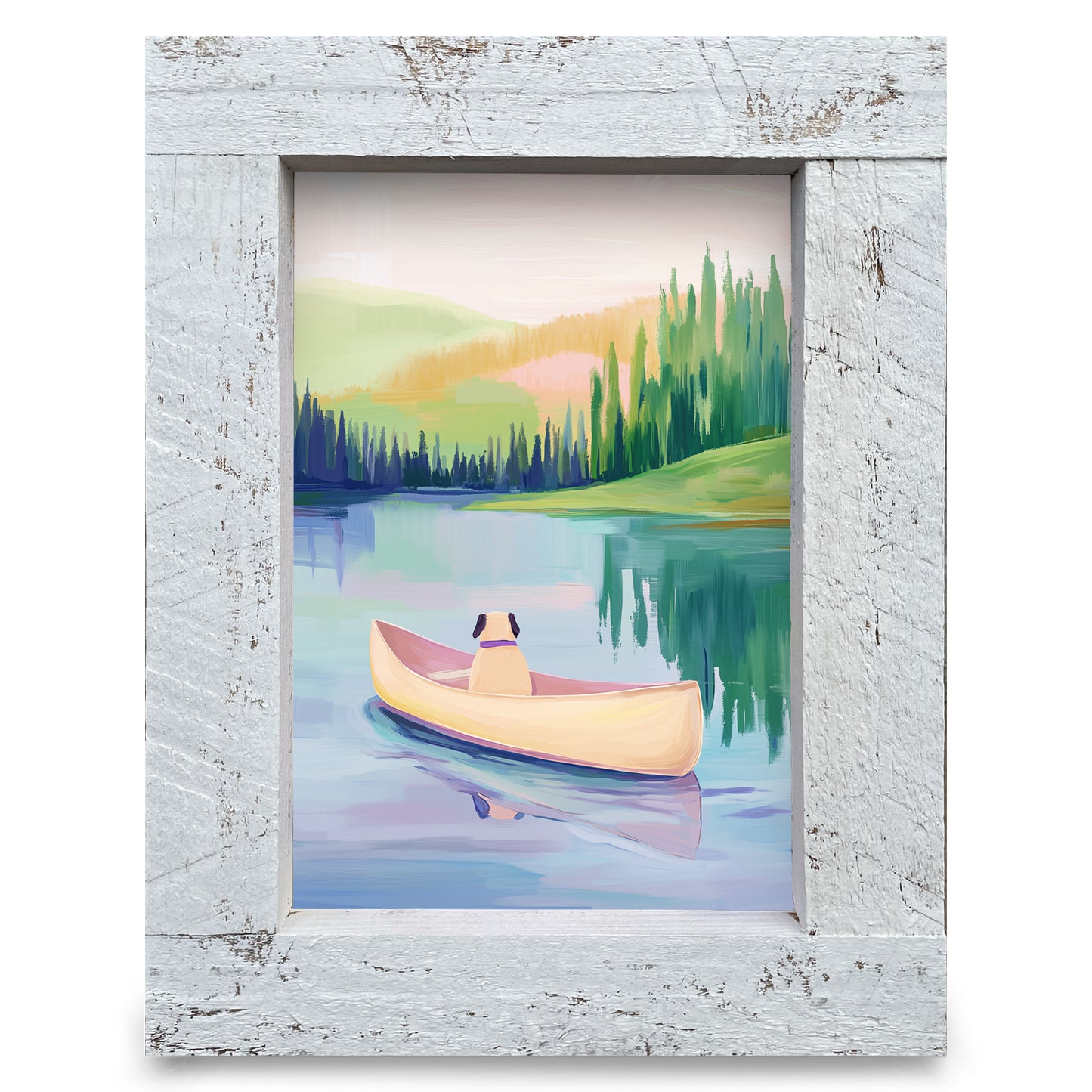 Cute Pug Lake Boat | Real Wood Framed Wall Art Print