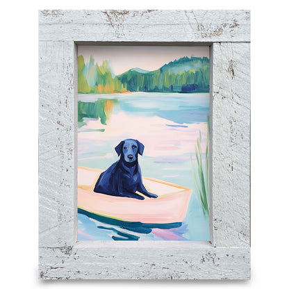 Cute Black Lab Lake Boat | Real Wood Framed Wall Art Print