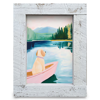 Cute Dog Lake Boat | Real Wood Framed Wall Art Print