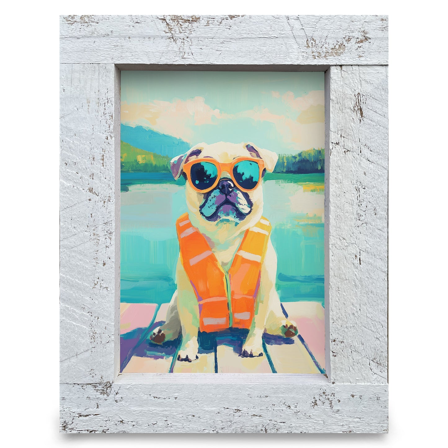 Cool Lake Pug | Real Wood Framed Wall Art Print