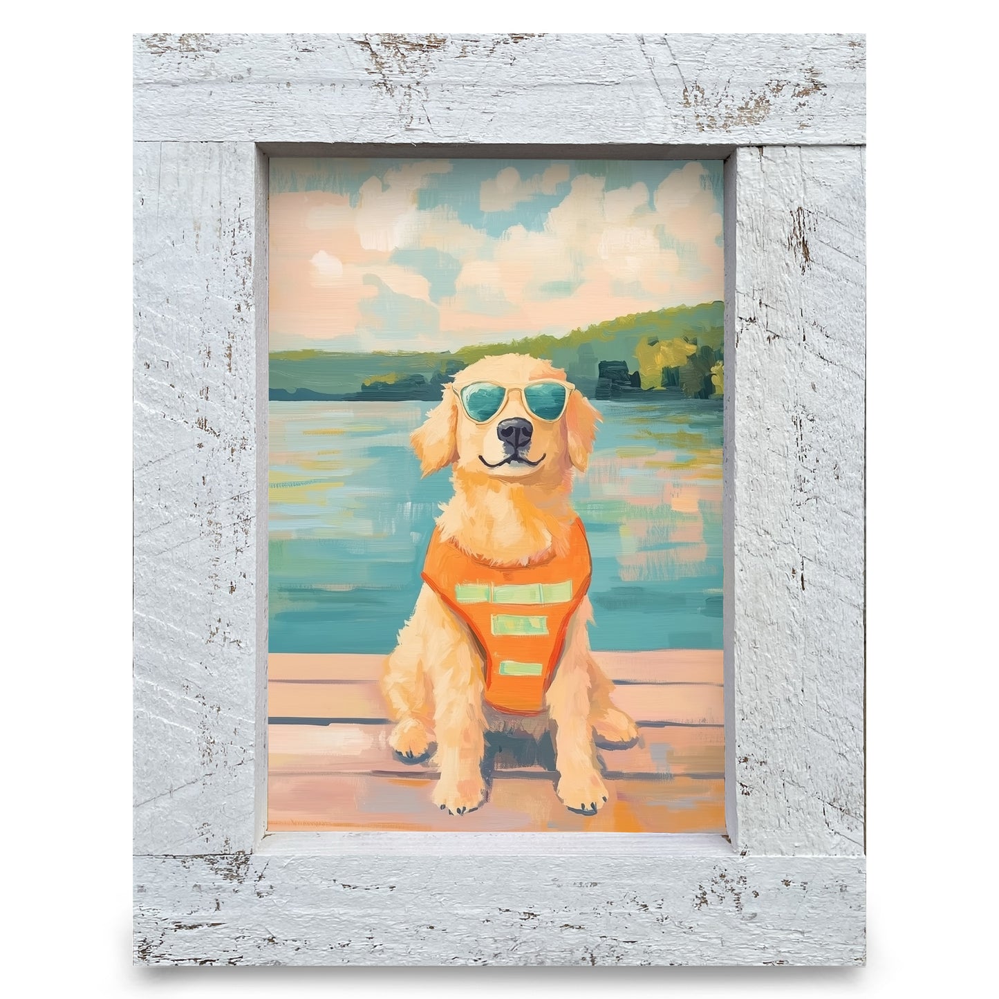 Cool Golden Retriever Lake Dock  | Real Wood Framed Wall Art Print