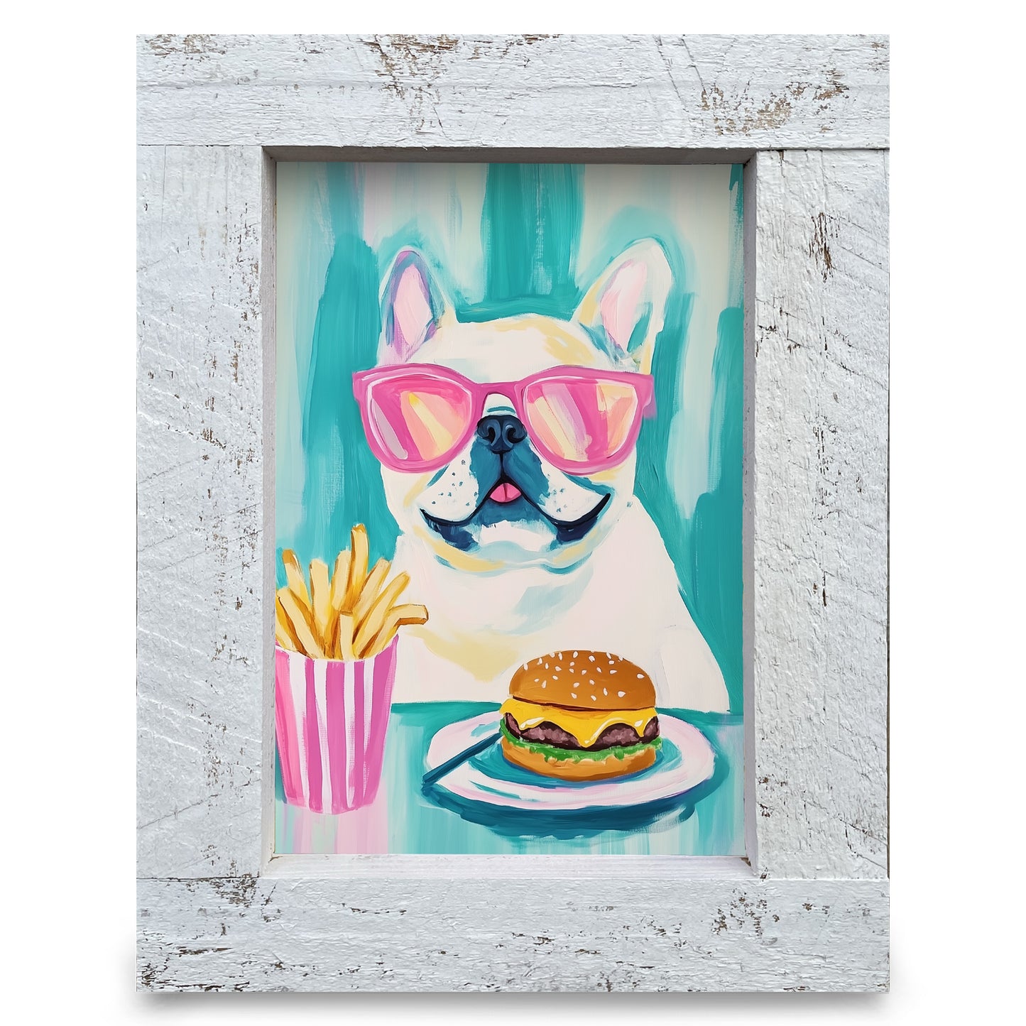 French Bulldog Burger | Real Wood Framed Wall Art Print