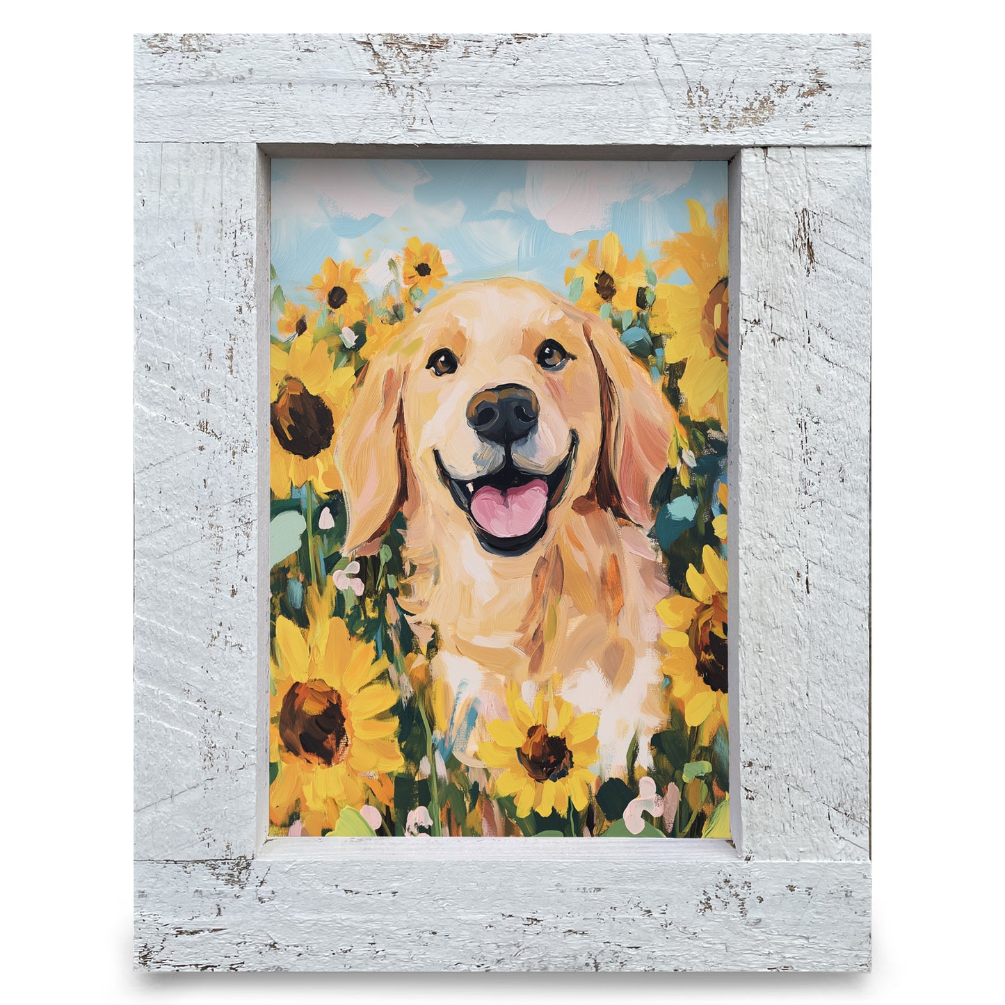 Golden Retriever Sunflowers | Real Wood Framed Wall Art Print