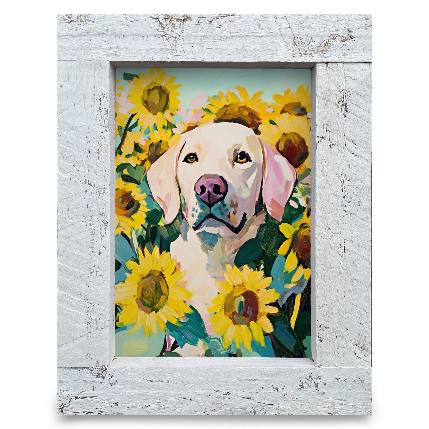 Yellow Lab Sunflowers | Real Wood Framed Wall Art Print