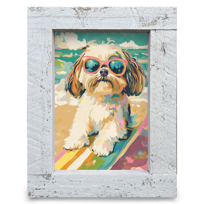 Beach Day Shih Tzu | Real Wood Framed Wall Art Print