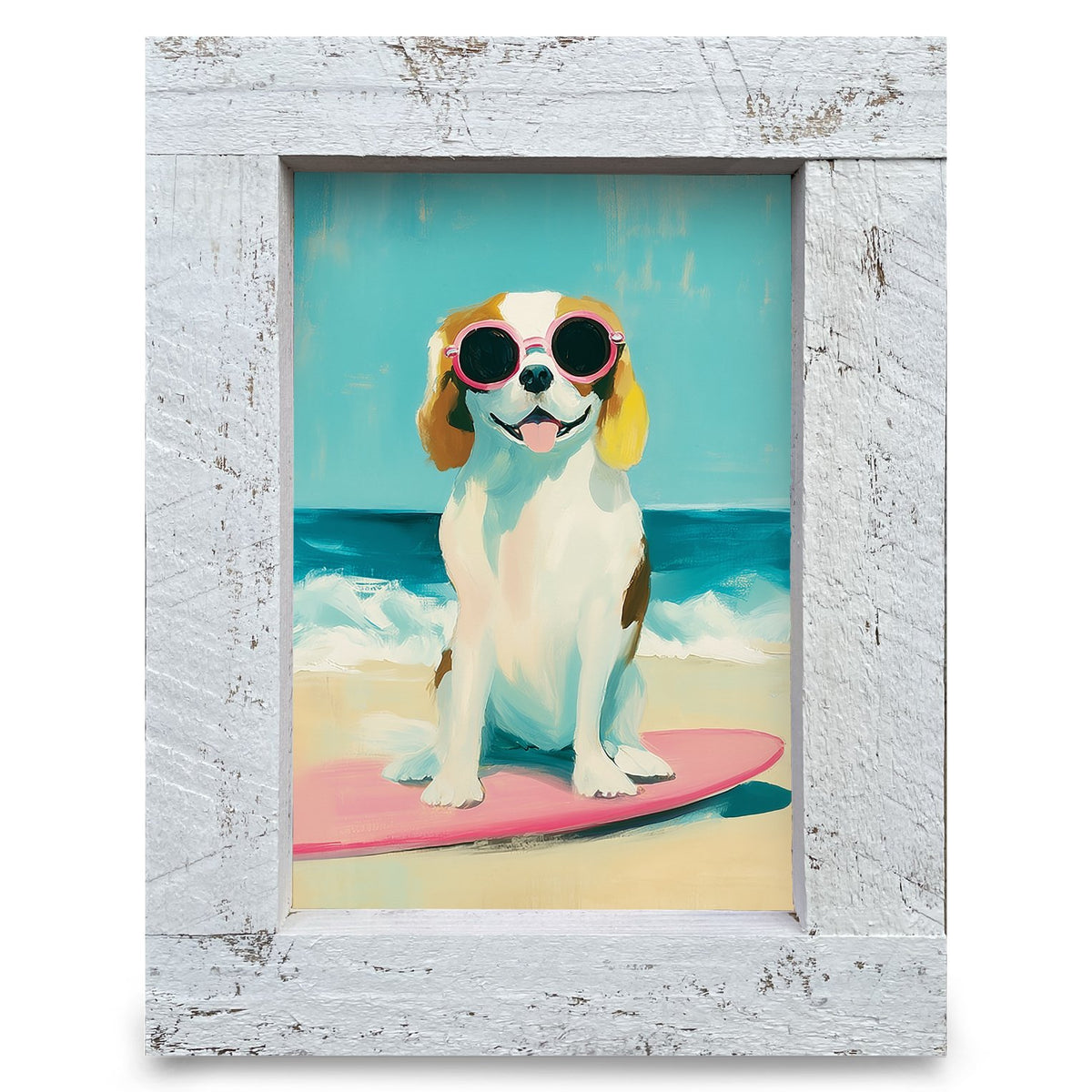 Sunny Surfing Spaniel | Real Wood Framed Wall Art Print