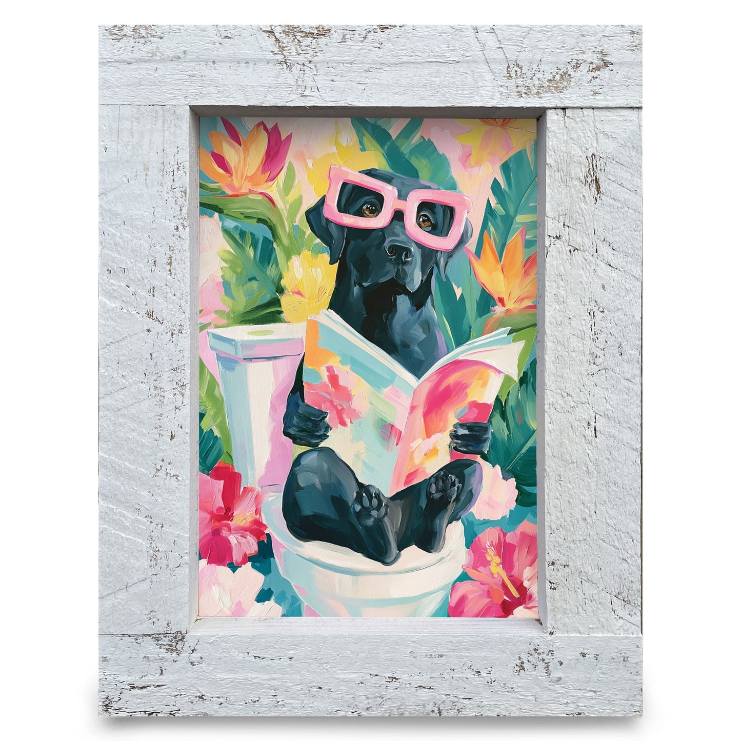 Tropical Black Lab Reading | Real Wood Framed Wall Art Print