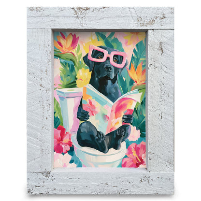 Tropical Black Lab Reading | Real Wood Framed Wall Art Print