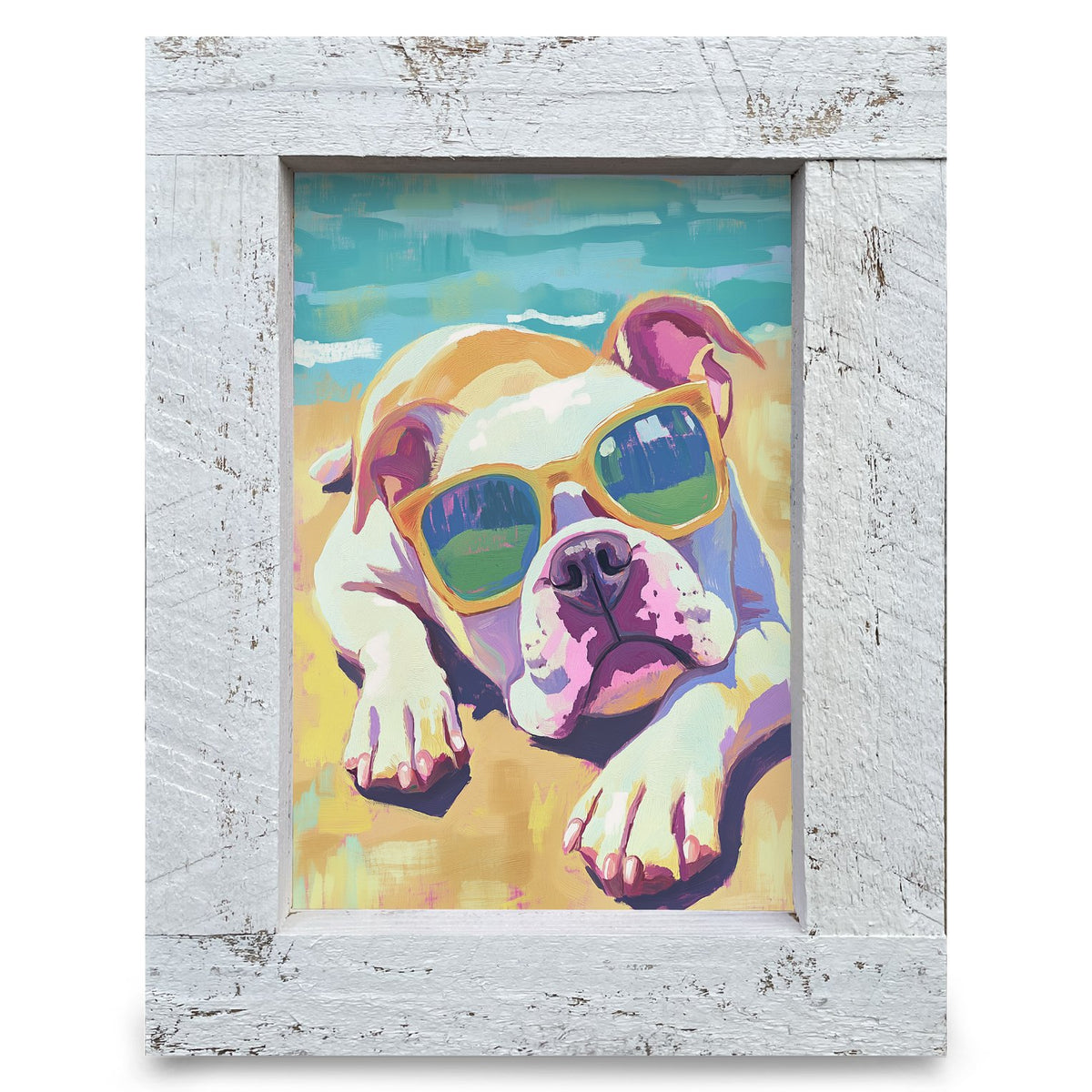 Beach Bum Bulldog | Real Wood Framed Wall Art Print