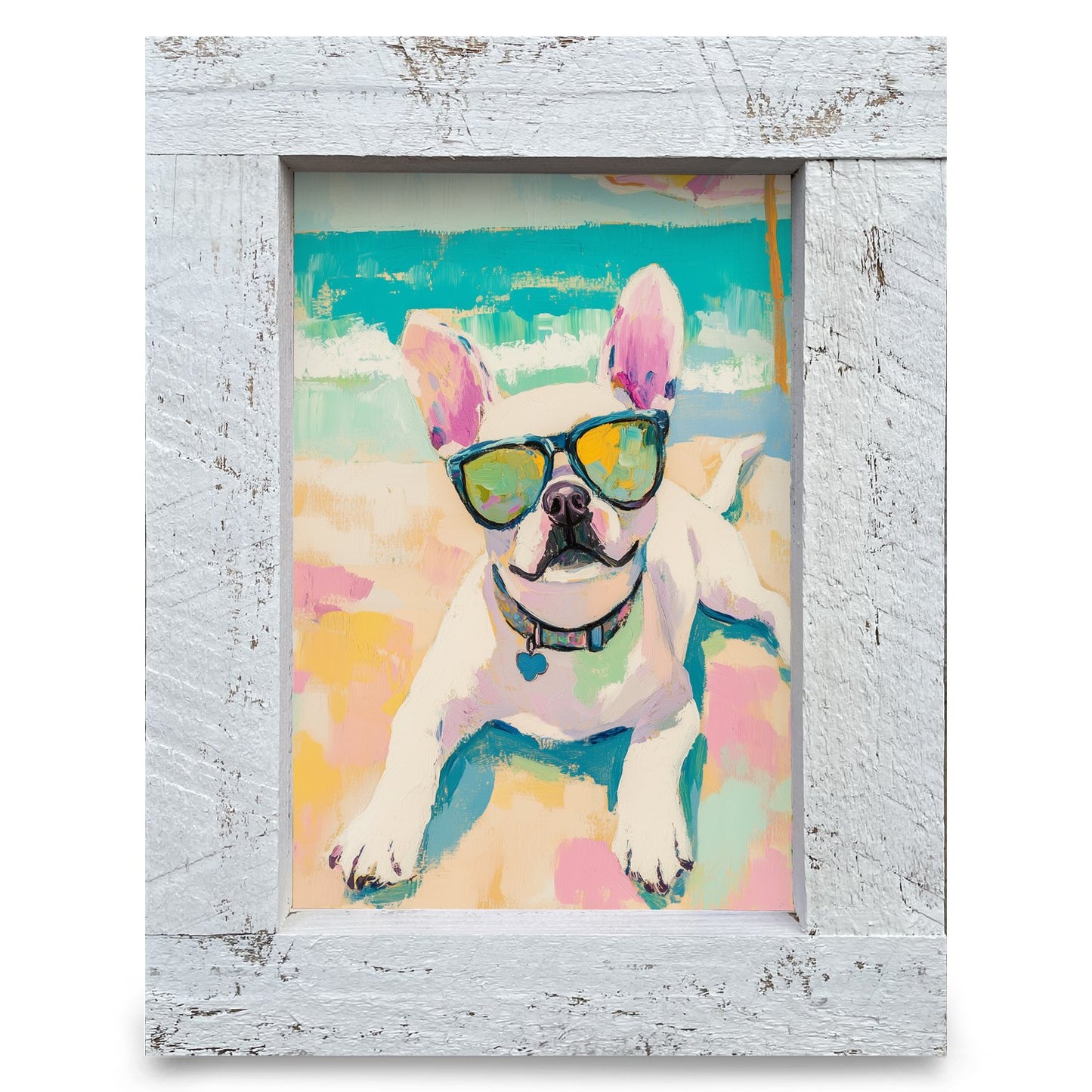 Seaside Frenchie | Real Wood Framed Wall Art Print