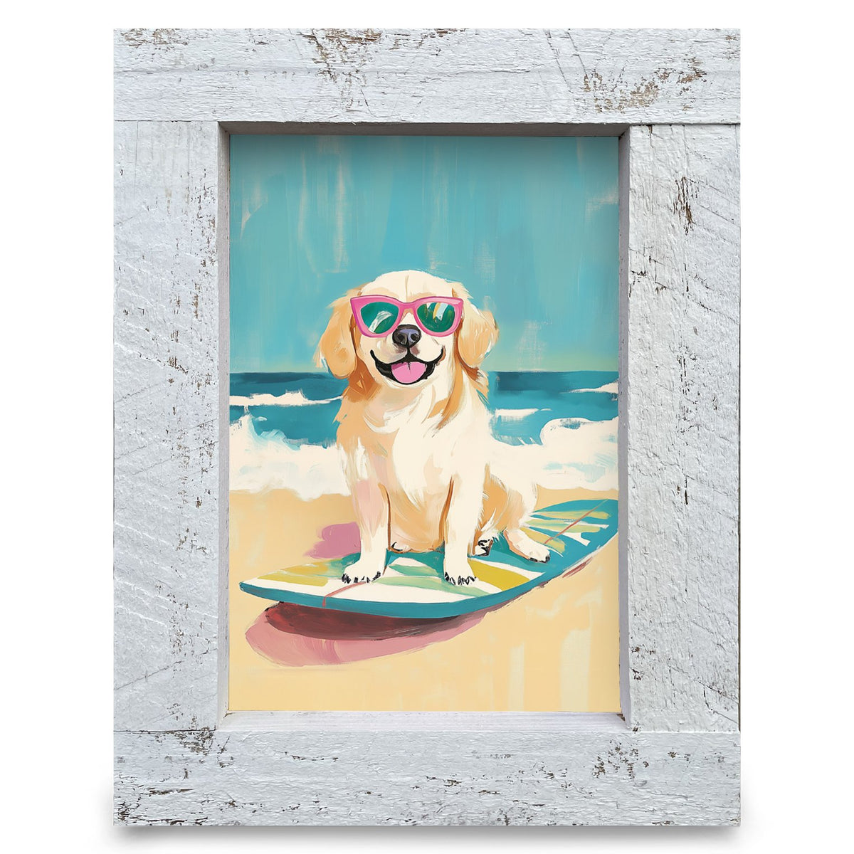 Surfing Golden Pup | Real Wood Framed Wall Art Print